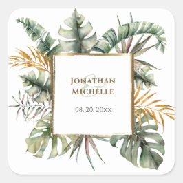 Tropical Elegant Green Gold Palms Hochzeit Quadratischer Aufkleber