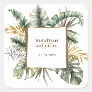 Tropical Elegant Green Gold Palms Hochzeit Quadratischer Aufkleber