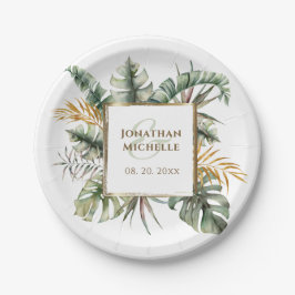 Tropical Elegant Green Palms Gold Frame Wedding Pappteller