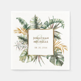 Tropical Elegant Green Palms Gold Frame Wedding Serviette