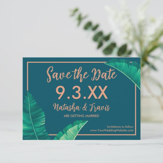 Tropical Elegant Palm Blätter Save The Date (Stehend Vorderseite)
