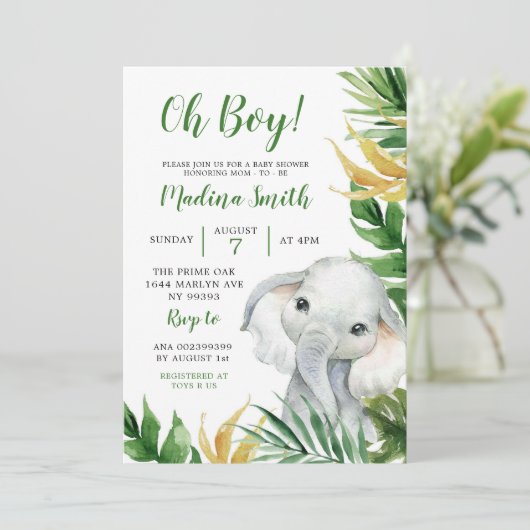 Tropical Elephant Boy Baby Shower Einladung (Stehend Vorderseite)