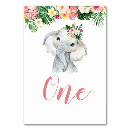 Tropical Elephant Girl Baby Shower Tischnummer (Vorderseite)