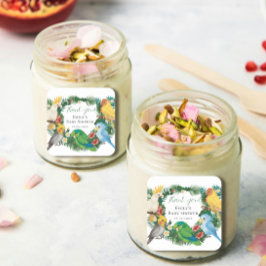 Tropical Exotic Baby Wild Parrots Baby Shower Squa Quadratischer Aufkleber