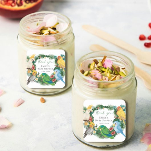 Tropical Exotic Baby Wild Parrots Baby Shower Squa Quadratischer Aufkleber