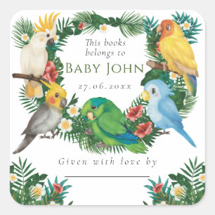 Tropical Exotic Baby Wild Parrots Baby Shower Squa Quadratischer Aufkleber