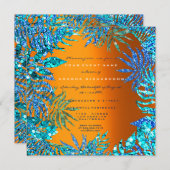Tropical Fern Leaf Beach Ocean Blue Orange Glitzer Einladung (Vorne/Hinten)