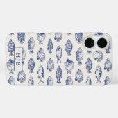 Tropical Fish Blue Sketch Monogram iPhone 16 Fall Case-Mate iPhone Hülle (Rückseite (Horizontal))