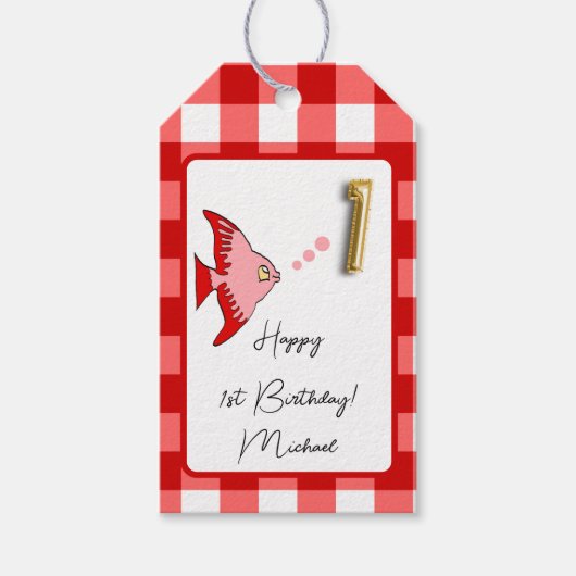 Tropical Fish Red Gingham Happy 1. Geburtstag Geschenkanhänger (Vorderseite)