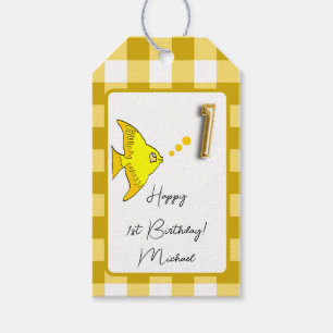 Tropical Fish Yellow Gingham Happy 1. Geburtstag Geschenkanhänger