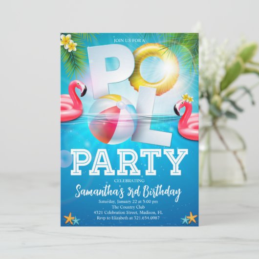 Tropical Flamingle Pool Party Geburtstag Einladung (Stehend Vorderseite)