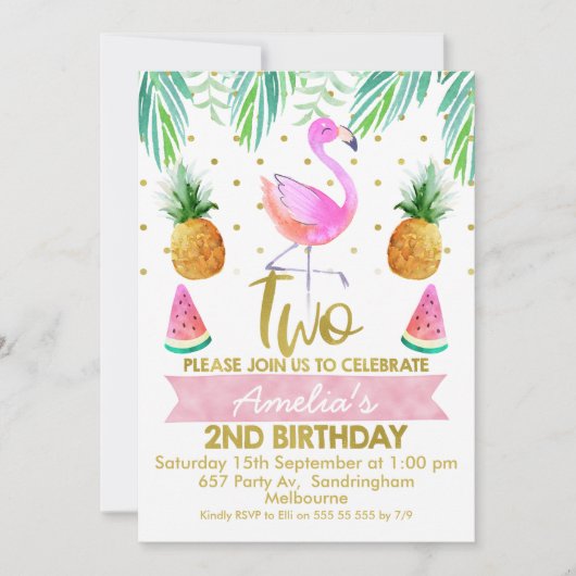 Tropical Flamingo 2. Geburtstag Einladung (Vorderseite)
