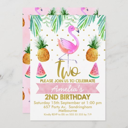Tropical Flamingo 2. Geburtstag Einladung (Vorne/Hinten)