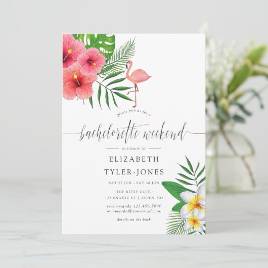 Tropical Flamingo Aloha Luau Bachelorette Weekend Einladung (Stehend Vorderseite)