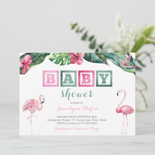Tropical Flamingo Baby Dusche lädt ein, Blätter Einladung (Stehend Vorderseite)