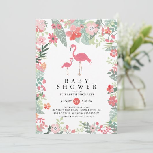 Tropical Flamingo Baby Shower Einladung (Stehend Vorderseite)