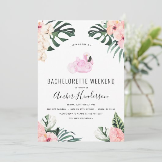 Tropical Flamingo Bachelorette Itinerary Einladung (Stehend Vorderseite)