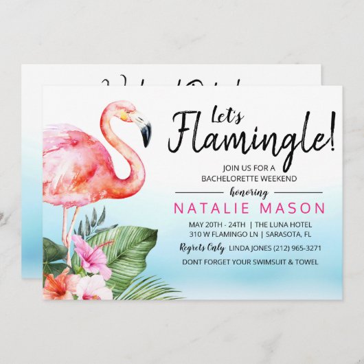 Tropical Flamingo Bachelorette Wochenende Einladun Einladung (Vorne/Hinten)