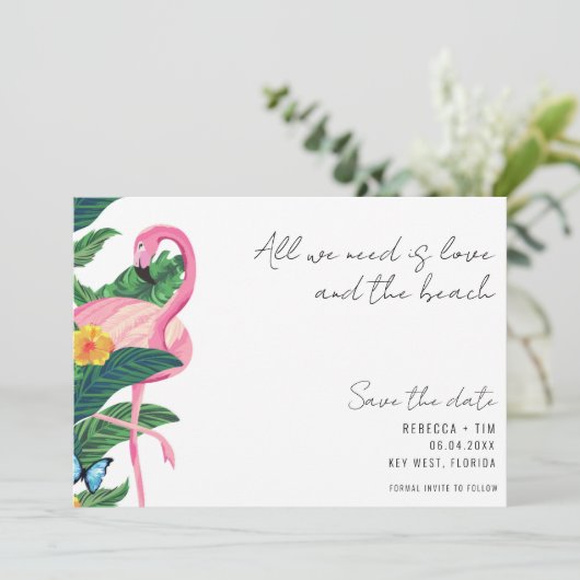 Tropical Flamingo Beach Wedding Foto Save The Date (Stehend Vorderseite)