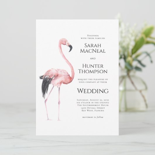 Tropical Flamingo Beach Wedding QR code Einladung (Stehend Vorderseite)