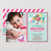 Tropical Flamingo Birthday Foto Einladung (Vorne/Hinten)