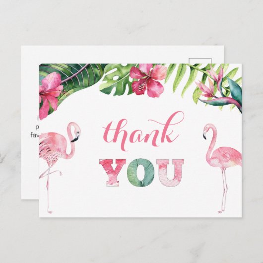 Tropical Flamingo Birthday PartyVielen Dank Postkarte (Vorne/Hinten)