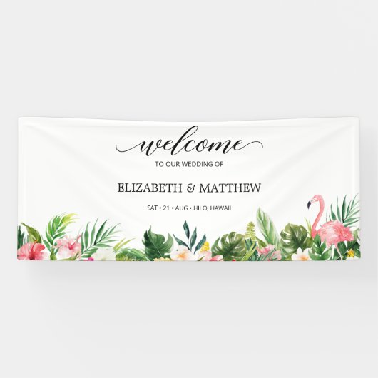 Tropical Flamingo Blätter Script Wedding Willkomme Banner (Horizontal)