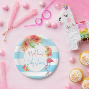 Tropical Flamingo Blue Stripe Baby Dusche Pappteller