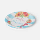 Tropical Flamingo Blue Stripe Baby Dusche Pappteller (Schrägansicht)