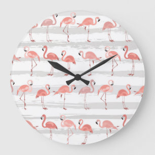 Tropical Flamingo Blue Stripes Muster Große Wanduhr