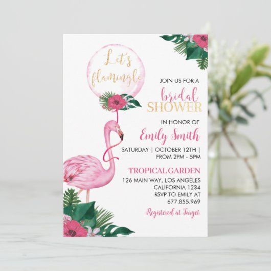 Tropical Flamingo Bridal Dusche Einladung (Stehend Vorderseite)