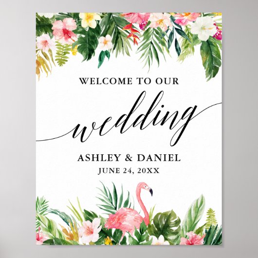Tropical Flamingo Calligraphy Wedding Willkommen Poster (Vorne)