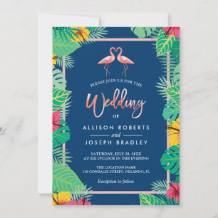 Tropical Flamingo Couples Navy Blue Wedding Einladung