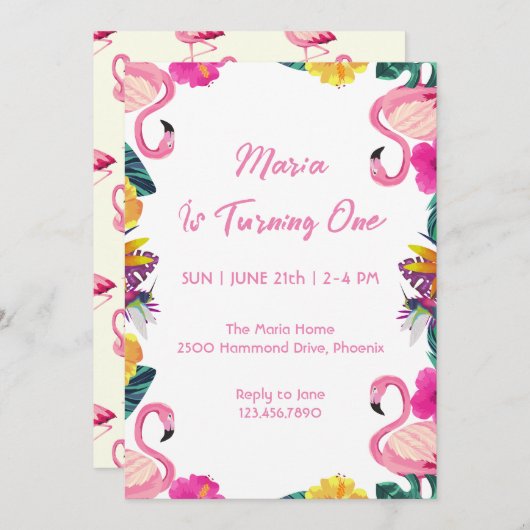 Tropical Flamingo Einladung zum ersten Geburtstag (Vorne/Hinten)