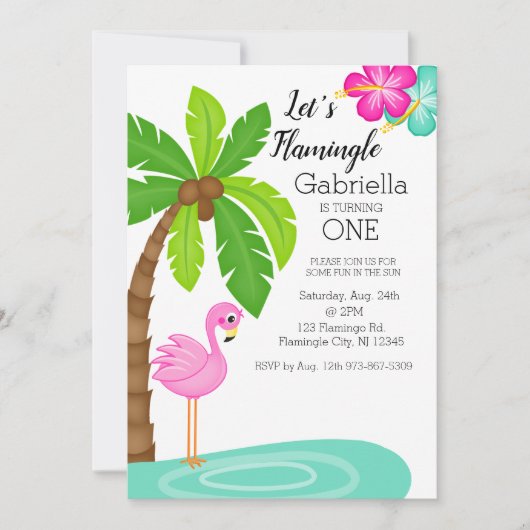 Tropical Flamingo Erster Geburtstag Einladung (Vorderseite)