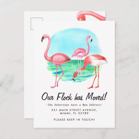 Tropical Flamingo Flock Moved New Address Moving Ankündigungspostkarte (Vorne/Hinten)
