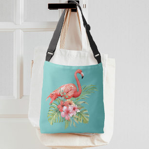 Tropical Flamingo Floral Aqua Blue Tragetaschen Mit Langen Trägern