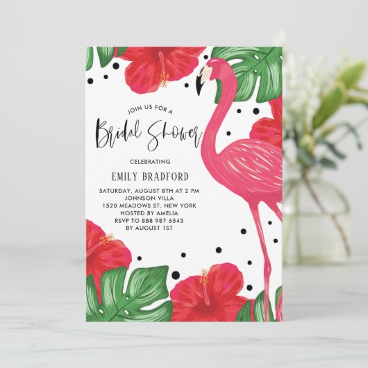 Tropical Flamingo Floral Bridal Dusche Einladung (Stehend Vorderseite)