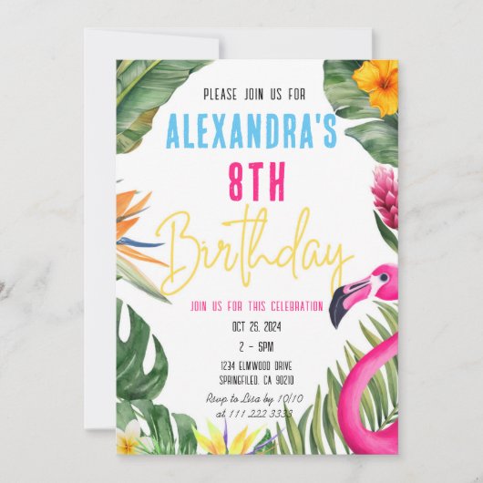 Tropical Flamingo Floral Girl Luau Kindergeburtsta Einladung (Vorderseite)