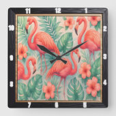 Tropical Flamingo Floral Quadratische Wanduhr (Vorderseite)