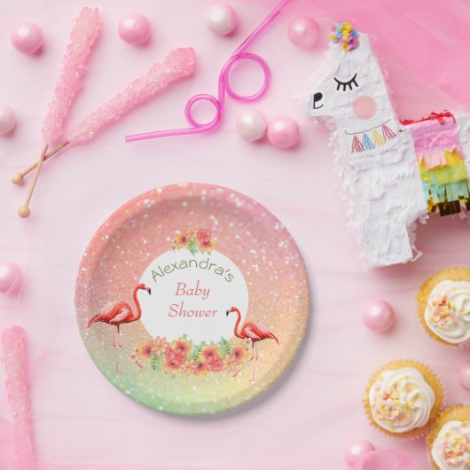Tropical Flamingo Glitzer Floral Baby Dusche Pappteller (Party)