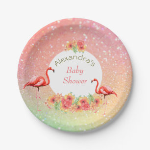 Tropical Flamingo Glitzer Floral Baby Dusche Pappteller
