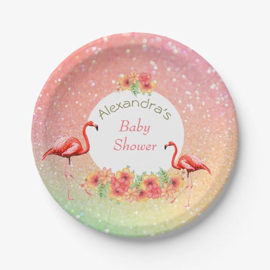 Tropical Flamingo Glitzer Floral Baby Dusche Pappteller (Vorderseite)