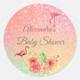 Tropical Flamingo Glitzer Pink Baby Dusche Runder Aufkleber