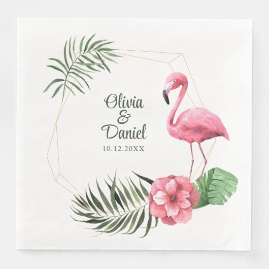 Tropical Flamingo Golden Frame Wedding Serviette (Vorderseite)