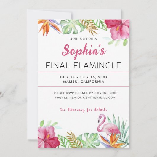 Tropical Flamingo Junggeselinnen-Abschied Einladun Einladung (Vorderseite)