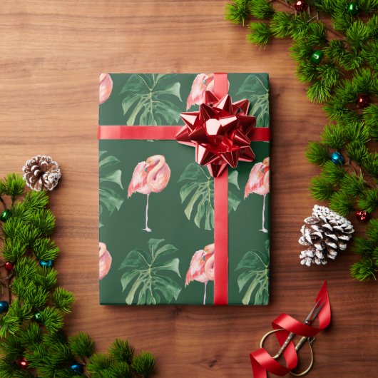 Tropical Flamingo & Monstera Leaf Grüngeschenk Geschenkpapier (Feiertagsgeschenk)