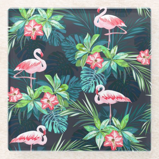 Tropical Flamingo: Muster der Blume im Sommer Glasuntersetzer (Vorderseite)