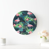 Tropical Flamingo: Muster der Blume im Sommer Große Wanduhr (Zuhause)