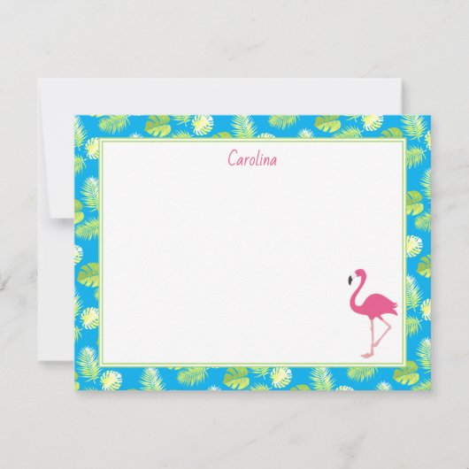 Tropical Flamingo Palm Branches Blue Stationery Mitteilungskarte (Vorderseite)